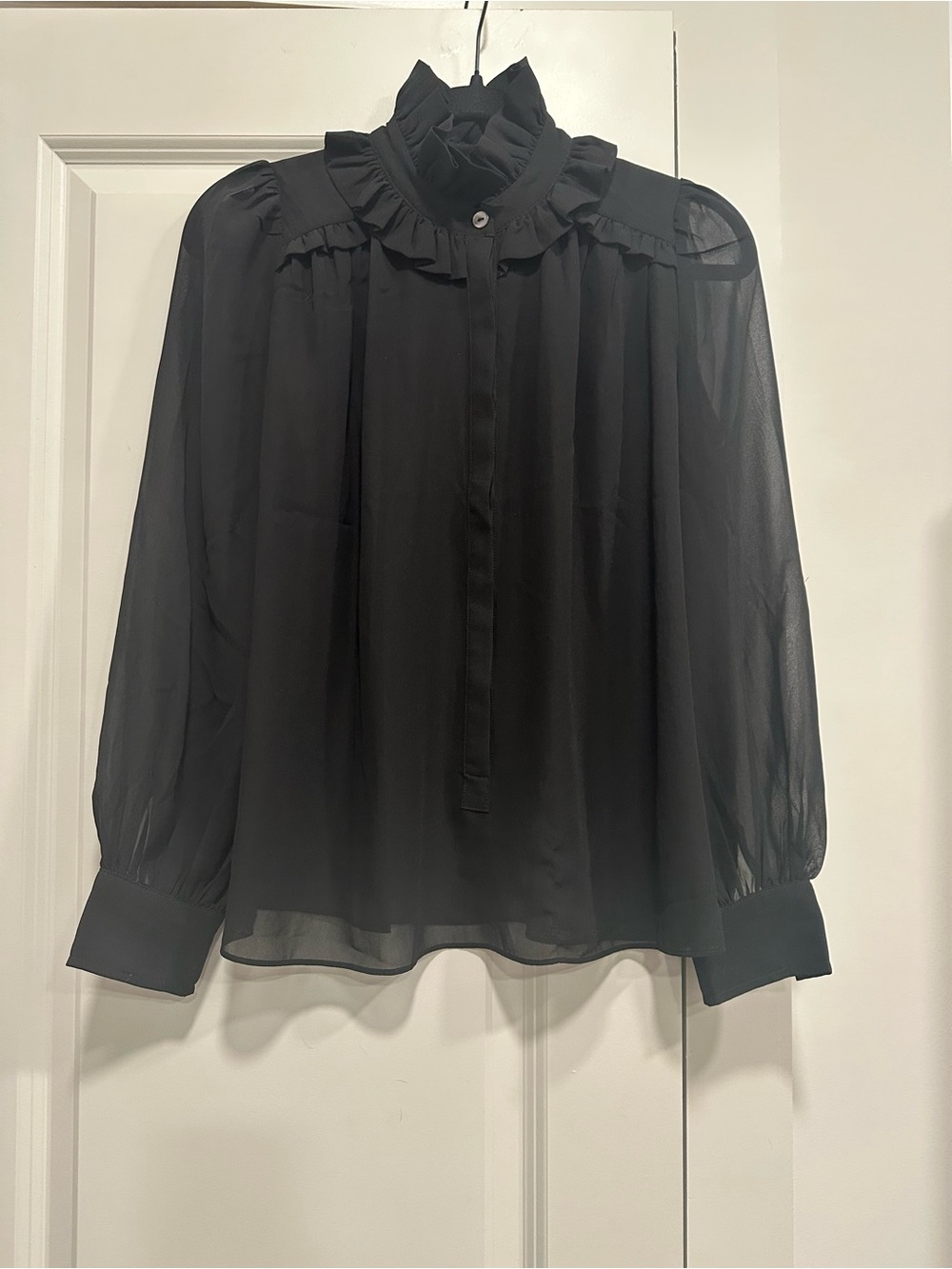Tuckernuck Black Ruffle Neck Sheer Sleeve Blouse Top Small Romantic Victorian